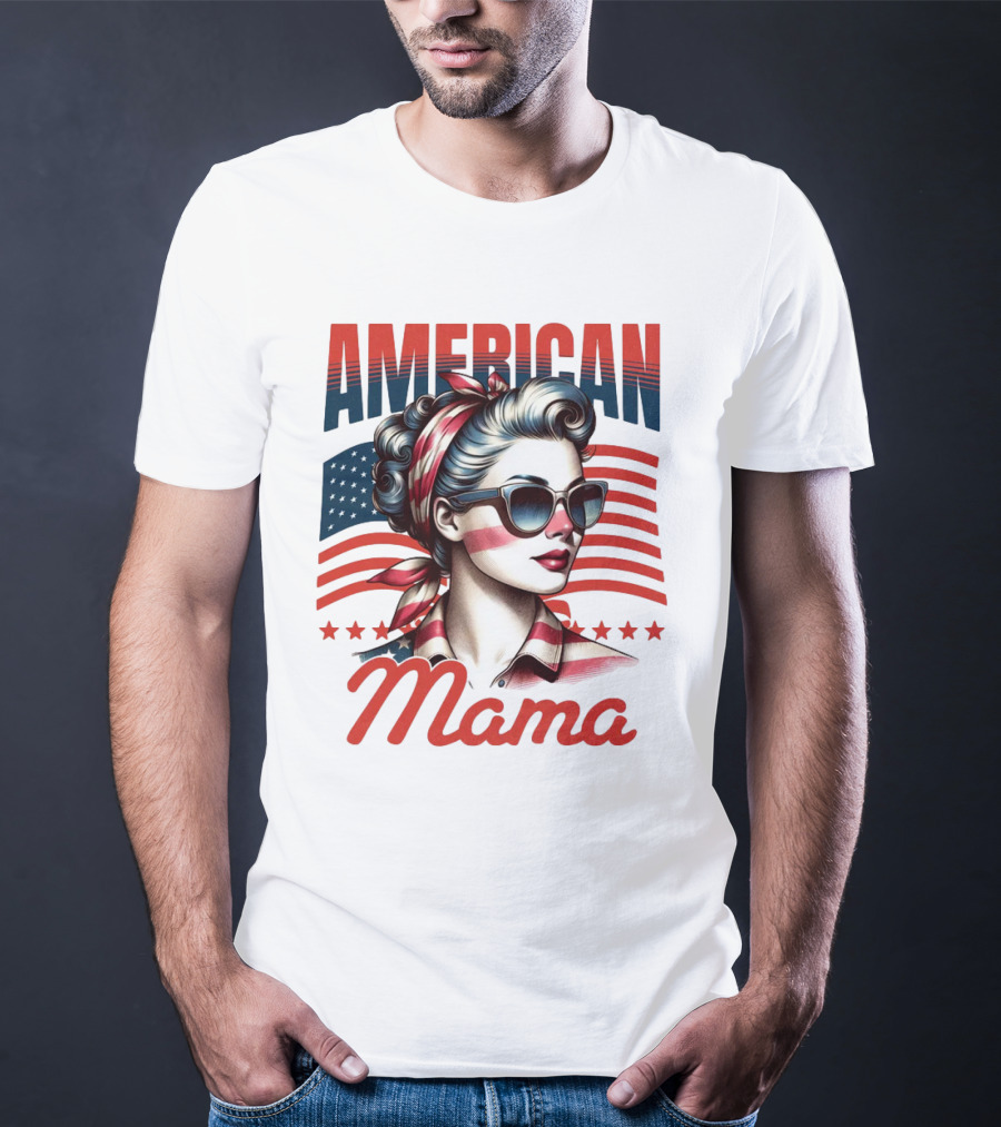 American Mama Vintage Patriotic Bandana Sunglasses Retro Flag Stars T-Shirt