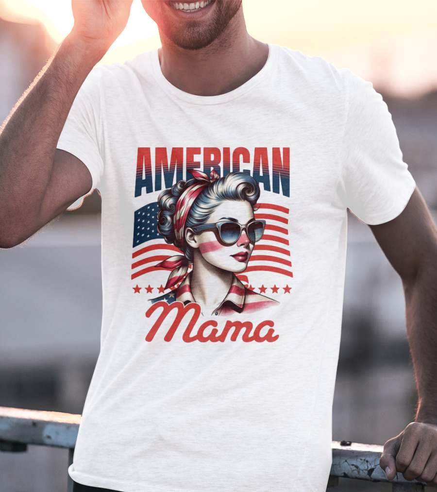 American Mama Vintage Patriotic Bandana Sunglasses Retro Flag Stars T-Shirt