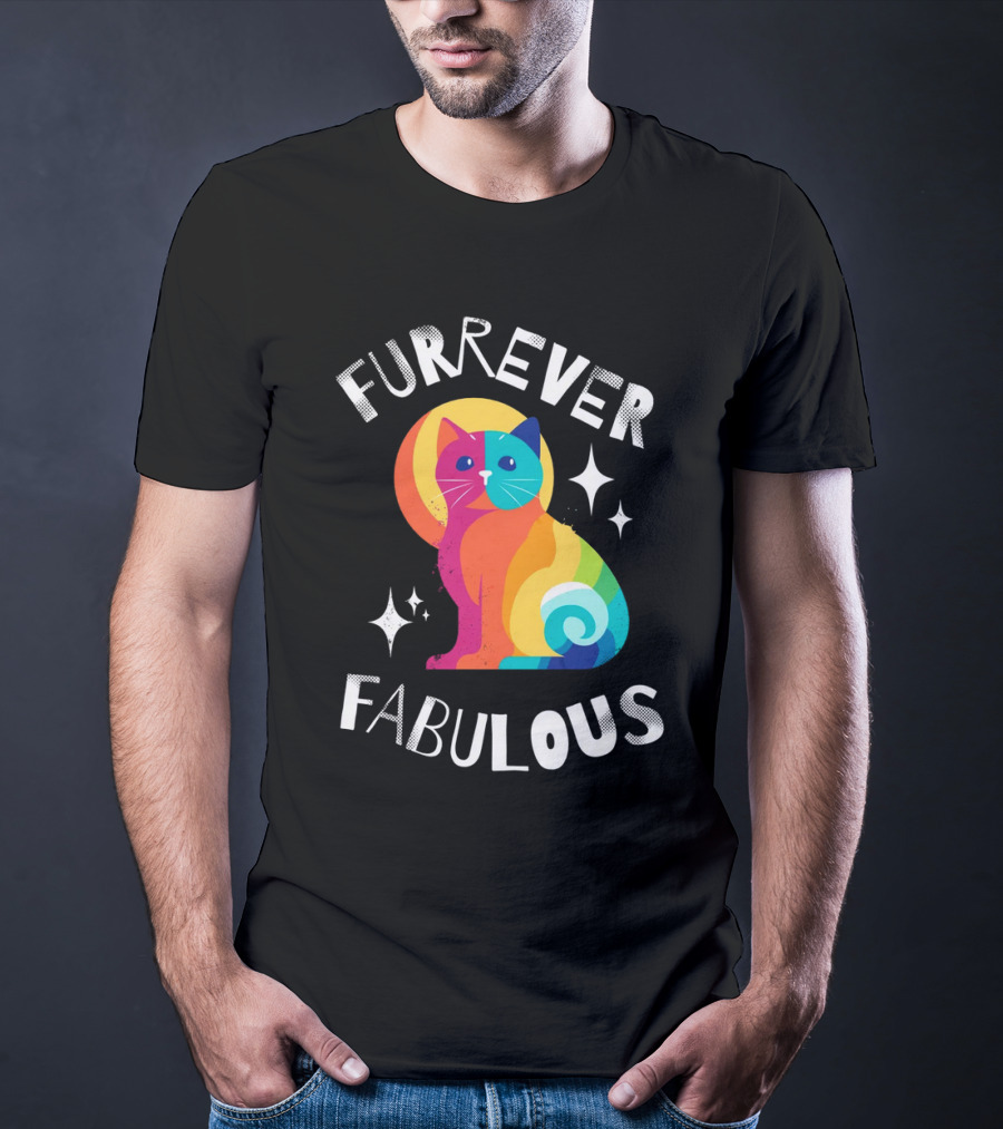 Furrever Fabulous Rainbow Cat With Stars T-Shirt