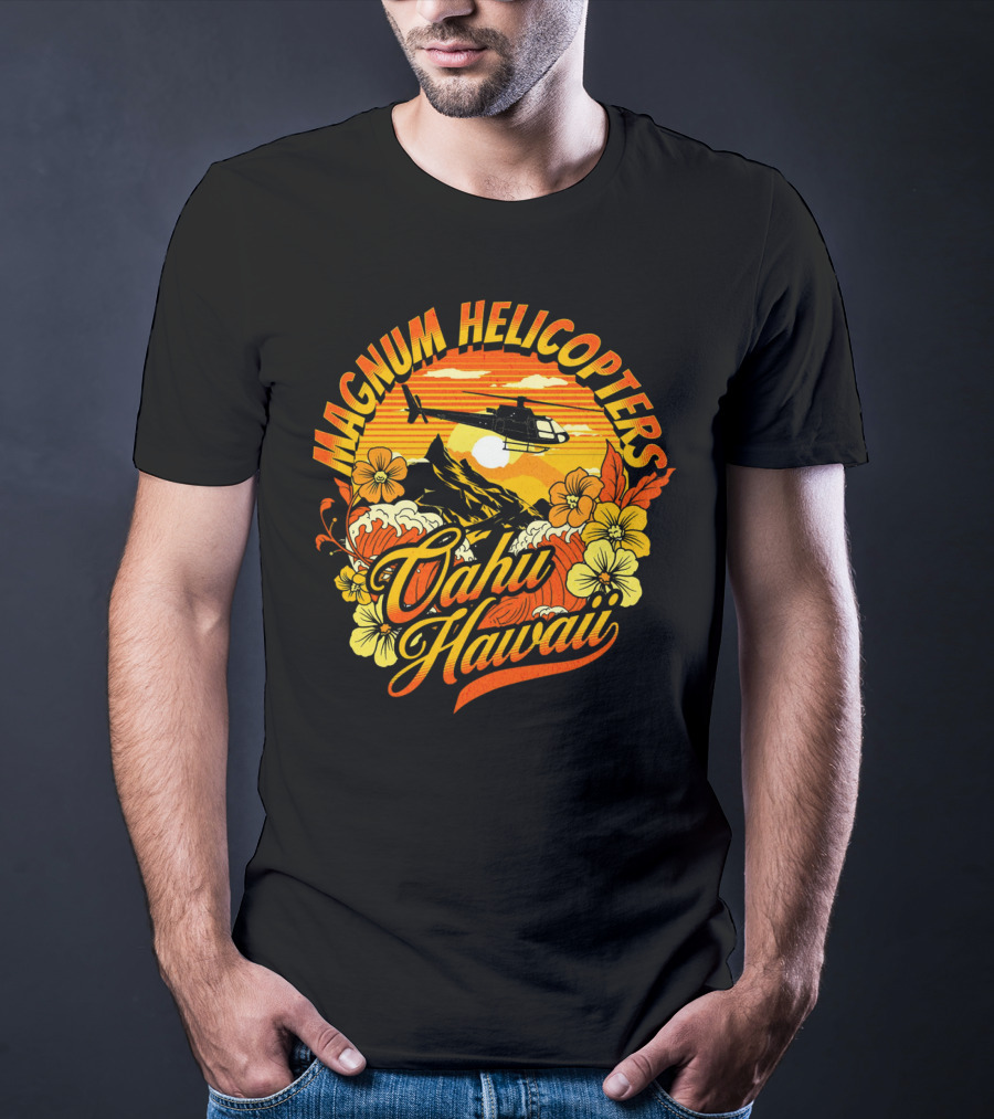 Magnum Helicopters Oahu Hawaii Helicopter Scenic Sunset Tropical Flowers T-Shirt