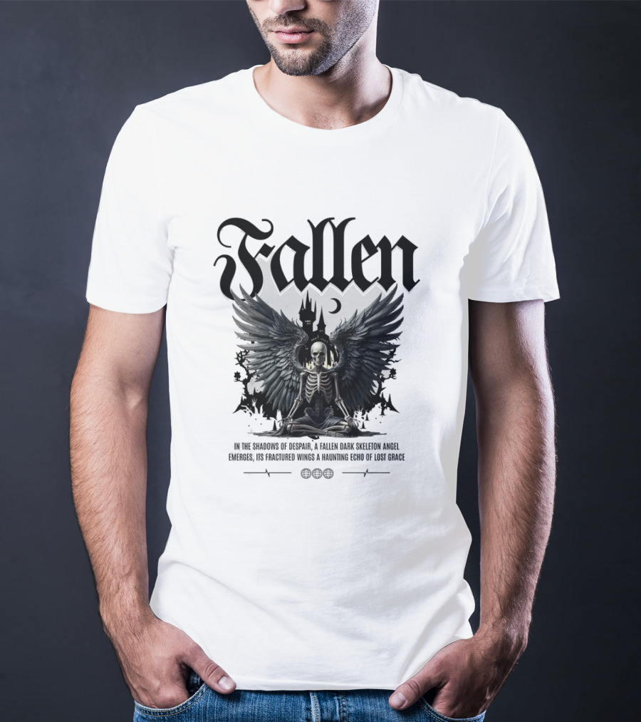 Fallen Dark Skeleton Angel With Fractured Wings And Gothic Castle T-Shirt