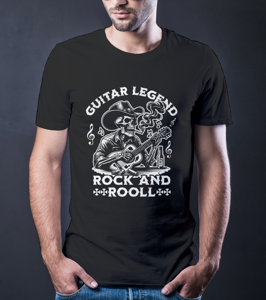 Guitar Legend Rock And Roll Skeleton Cowboy Playing Guitar With Smoking And Musical Notes T-Shirt