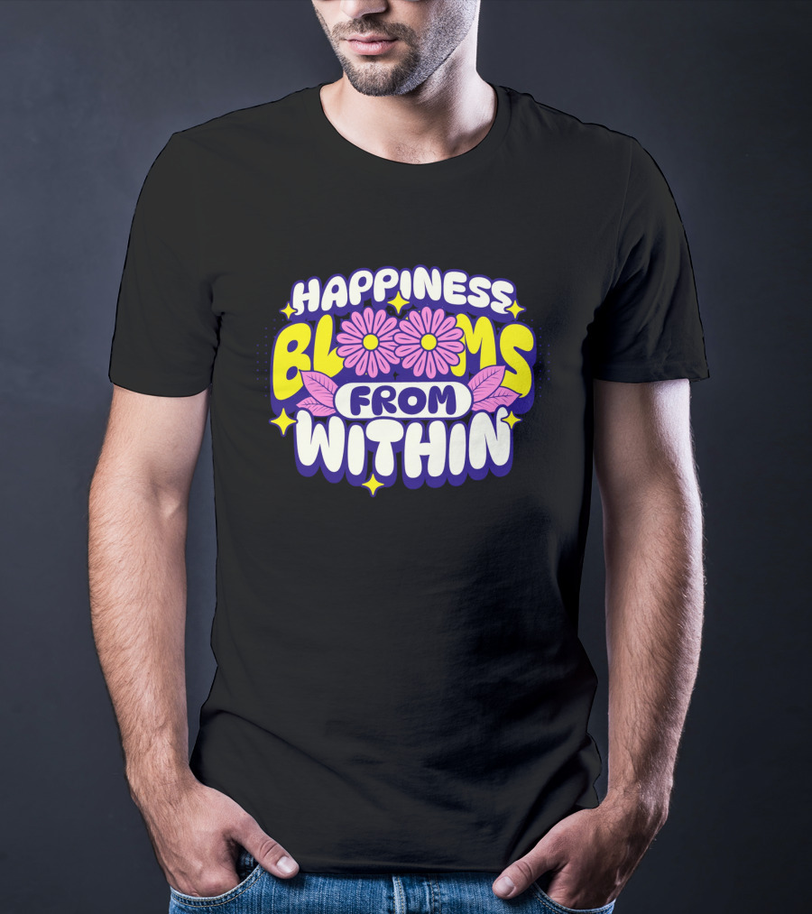 Happiness Blooms From Within With Pink Flowers And Yellow Stars T-Shirt