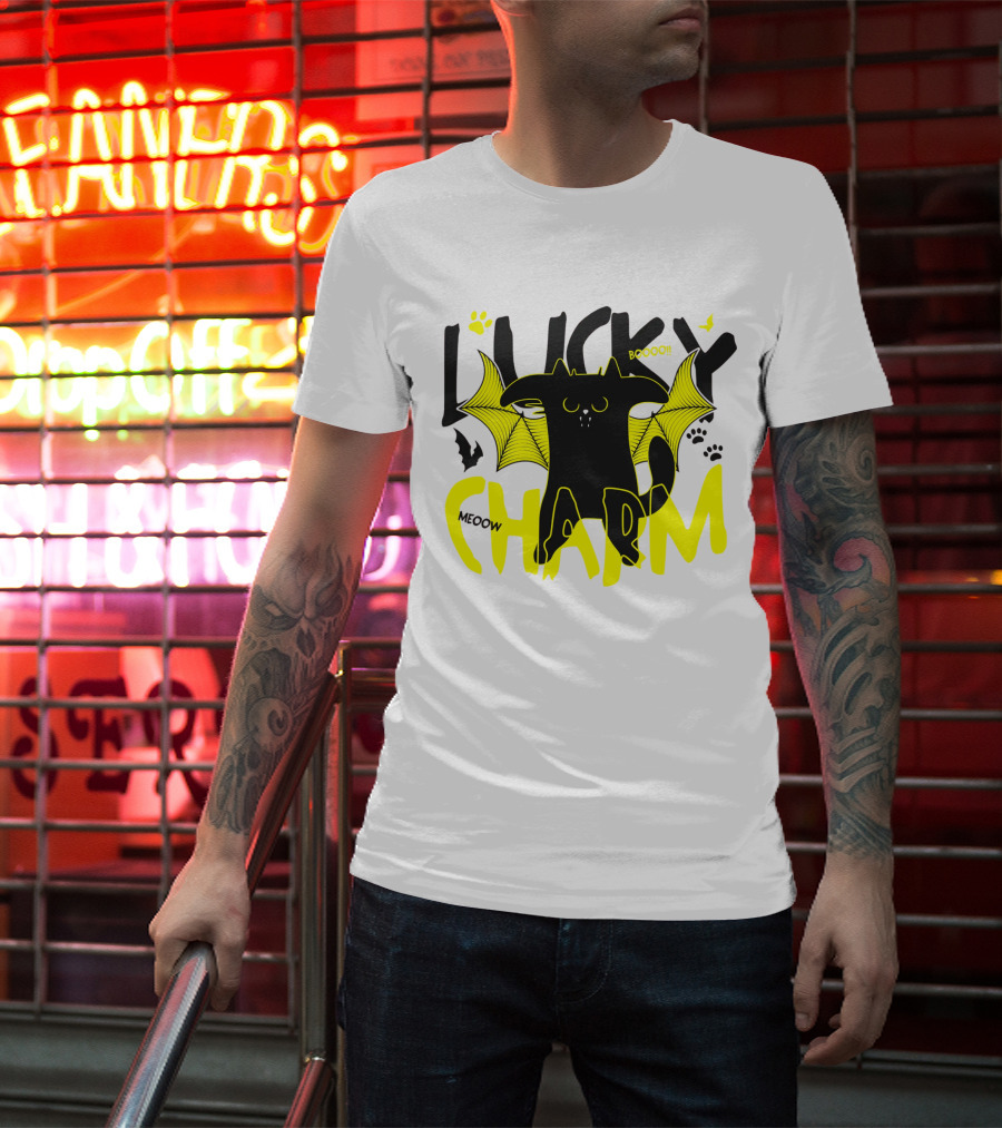 LUCKY CHARM Meow Boooo Bat Wings Cat Paw Prints T-Shirt