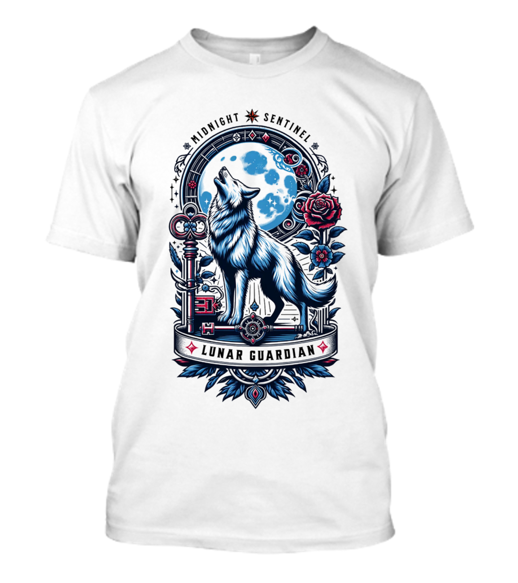 Midnight Sentinel Lunar Guardian Key And Roses Howling Wolf Moon T-Shirt