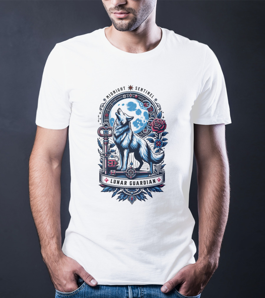 Midnight Sentinel Lunar Guardian Key And Roses Howling Wolf Moon T-Shirt
