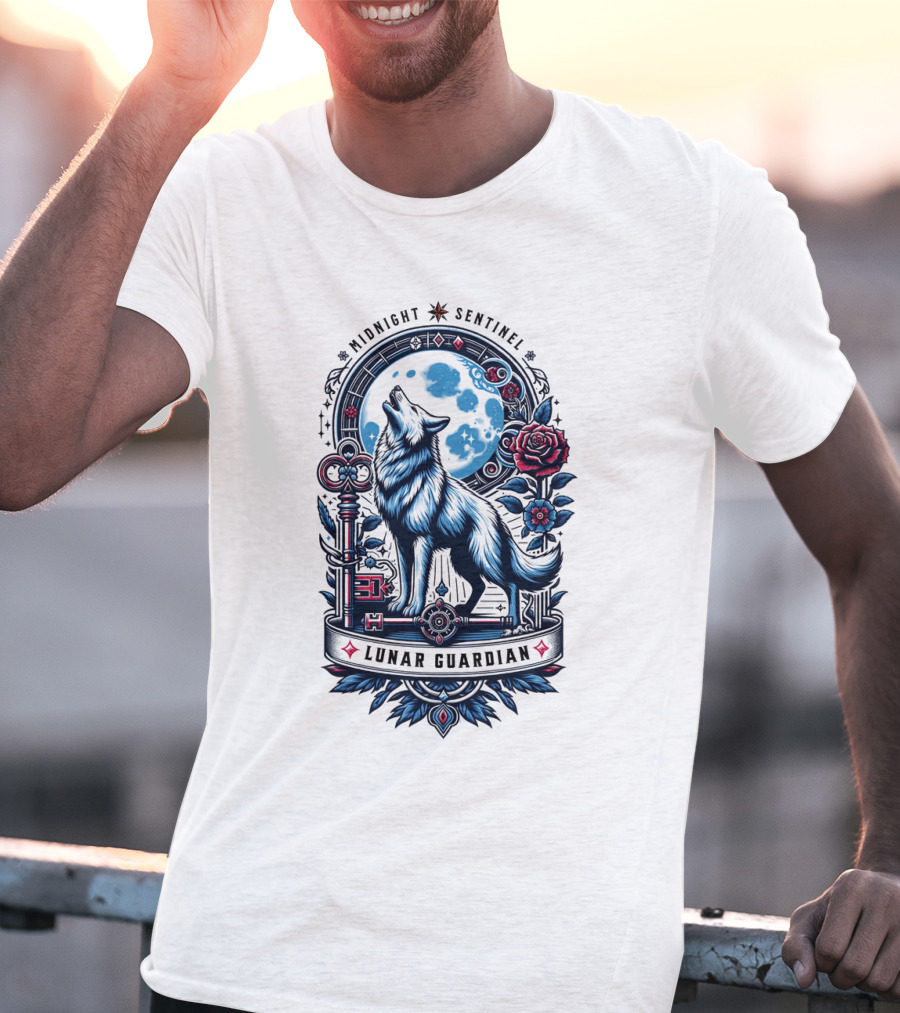 Midnight Sentinel Lunar Guardian Key And Roses Howling Wolf Moon T-Shirt