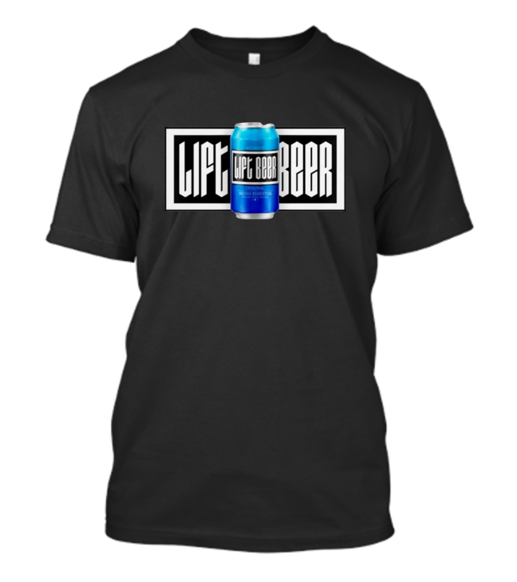 Lift Beer Original Drinking Essential Emblem - Black And White Background With Blue Can T-Shirt