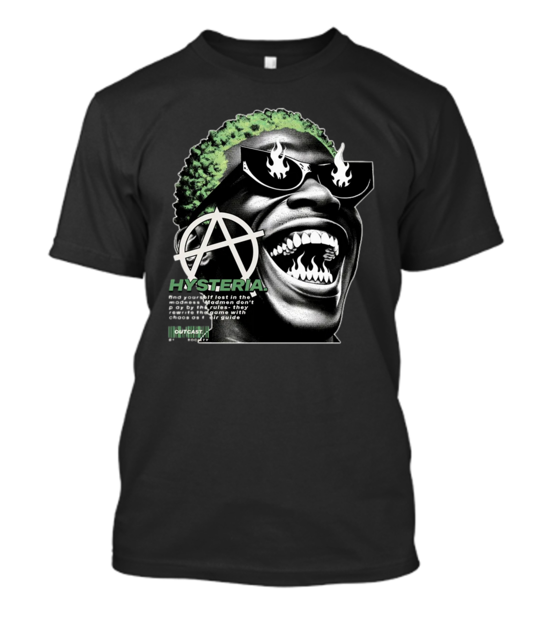 Hysteria Outcast Society Anarchy Flames Green Hair Smiling Face T-Shirt