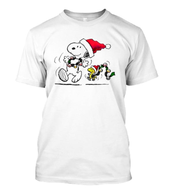 Santa Snoopy And Woodstock Christmas Lights Cartoon T-Shirt