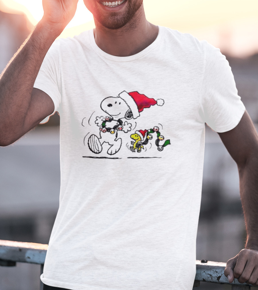 Santa Snoopy And Woodstock Christmas Lights Cartoon T-Shirt