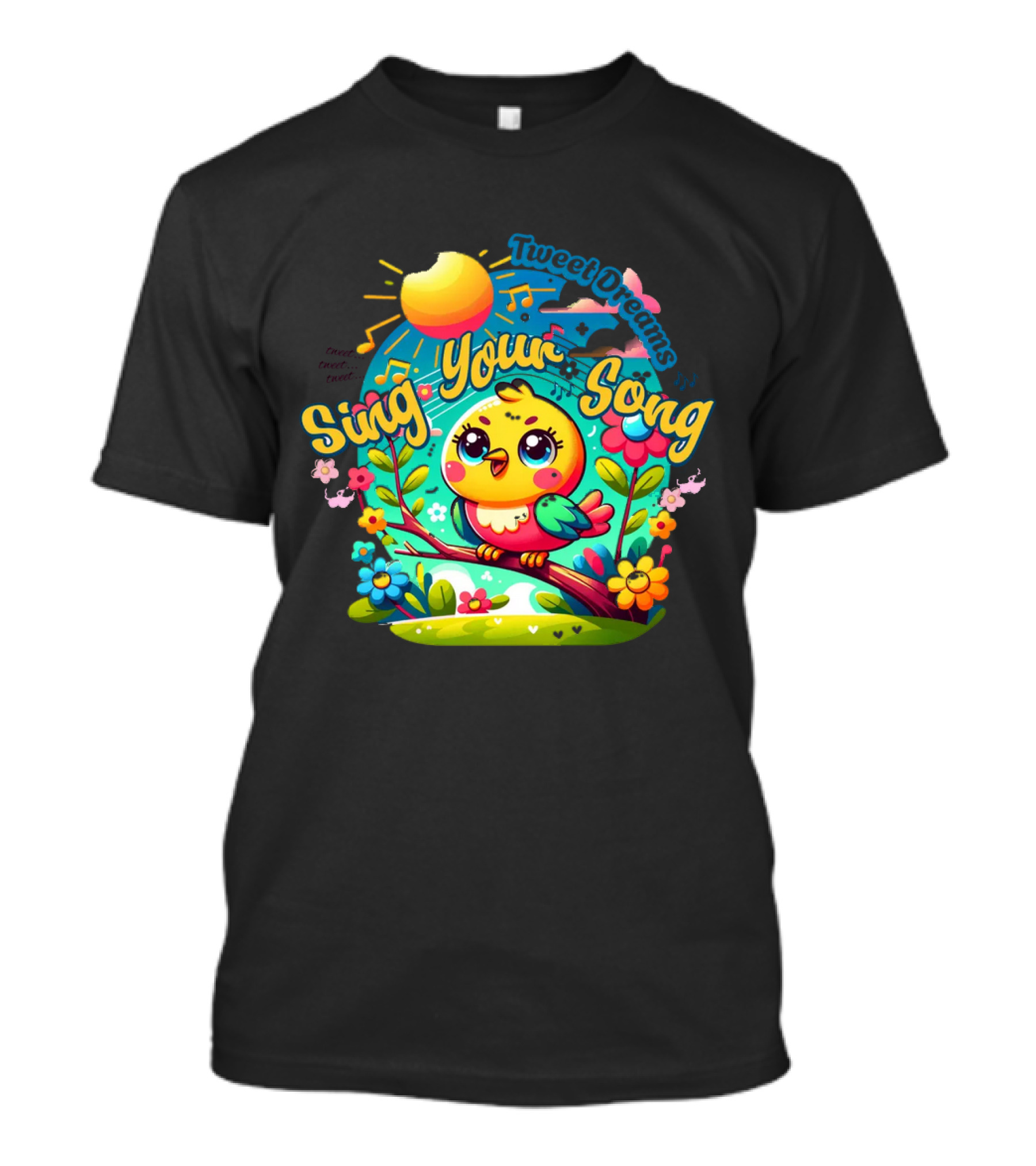 Tweet Dreams Sing Your Song Brightly-Colored Cartoon Bird And Musical Notes T-Shirt