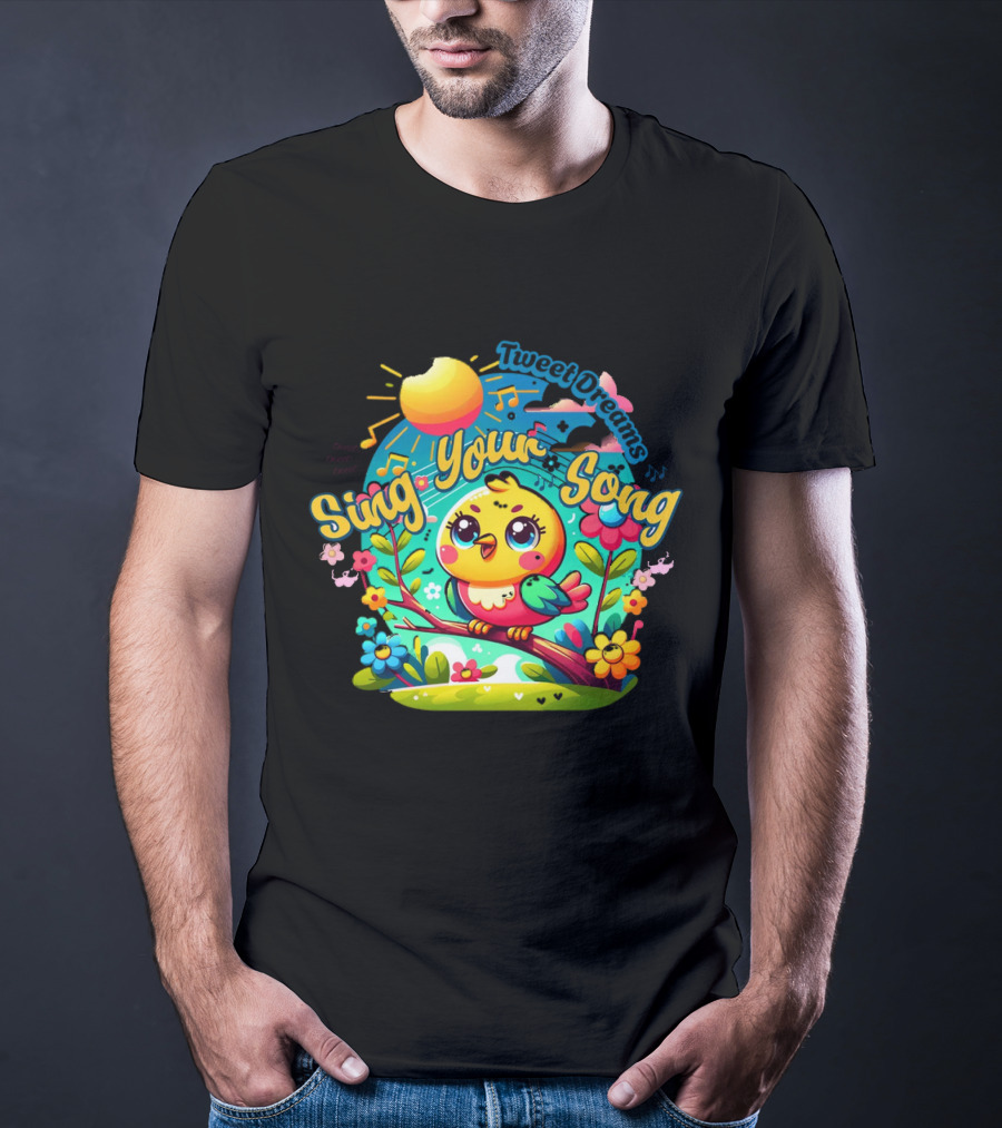 Tweet Dreams Sing Your Song Brightly-Colored Cartoon Bird And Musical Notes T-Shirt