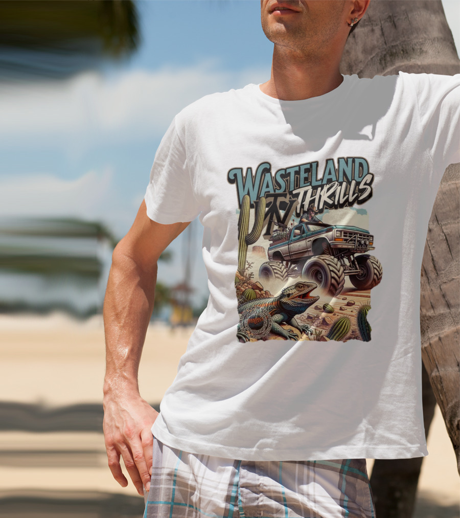 Wasteland Thrills Monster Truck Adventure With Lizard And Cactus Desert Scene T-Shirt