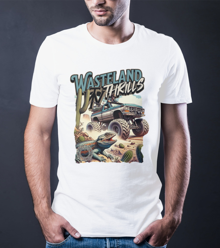 Wasteland Thrills Monster Truck Adventure With Lizard And Cactus Desert Scene T-Shirt