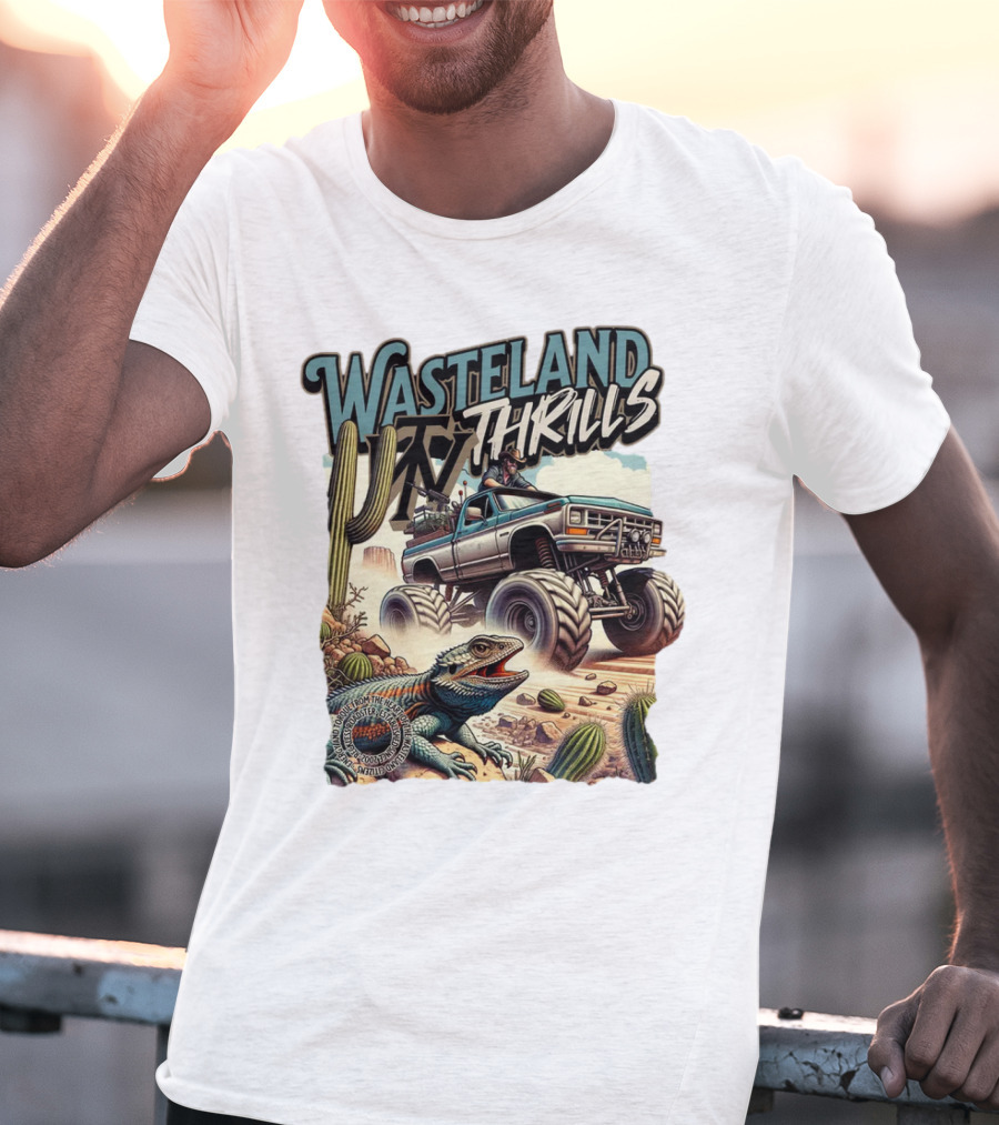 Wasteland Thrills Monster Truck Adventure With Lizard And Cactus Desert Scene T-Shirt