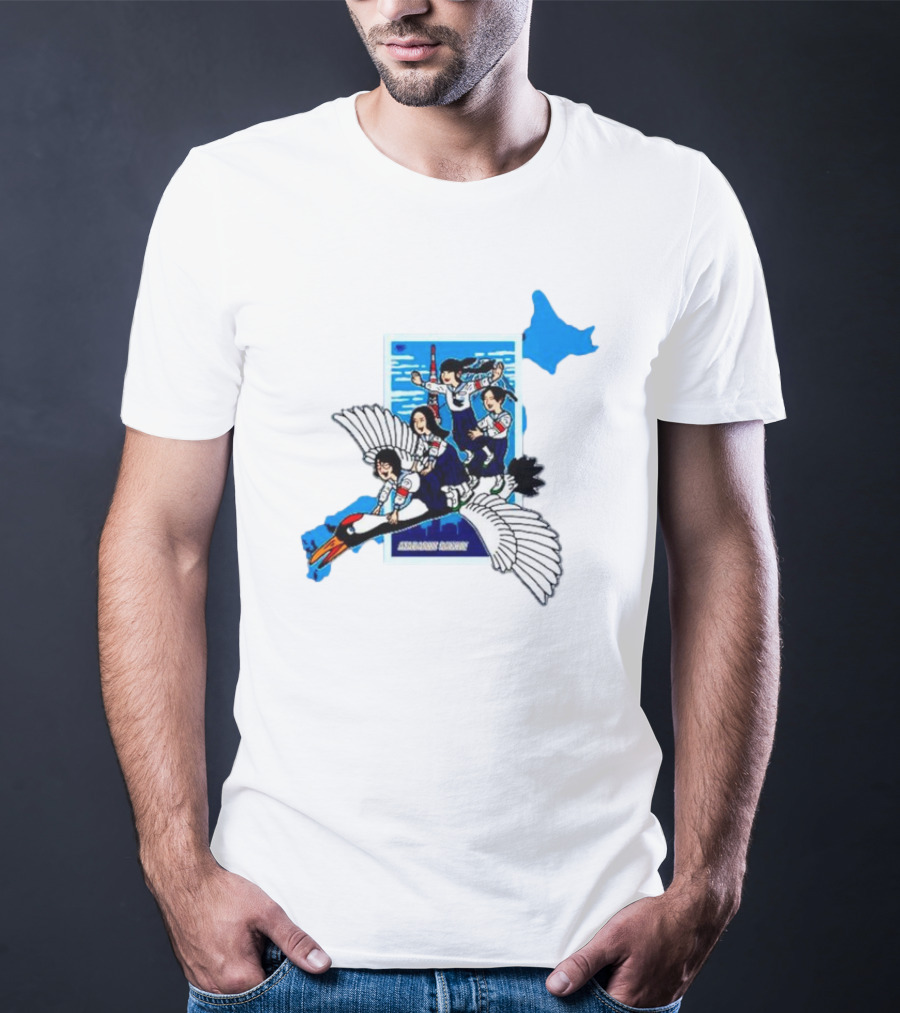 Atarashii Gakko Navy Crane Cartoon With Energetic Flyers And Blue Map Highlight T-Shirt