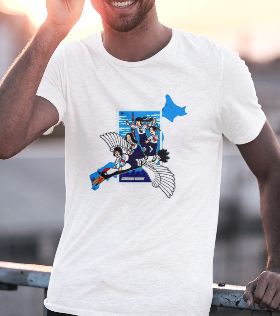 Atarashii Gakko Navy Crane Cartoon With Energetic Flyers And Blue Map Highlight T-Shirt