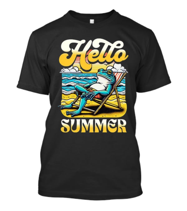Hello Summer Frog Vintage Beach Scene T-Shirt