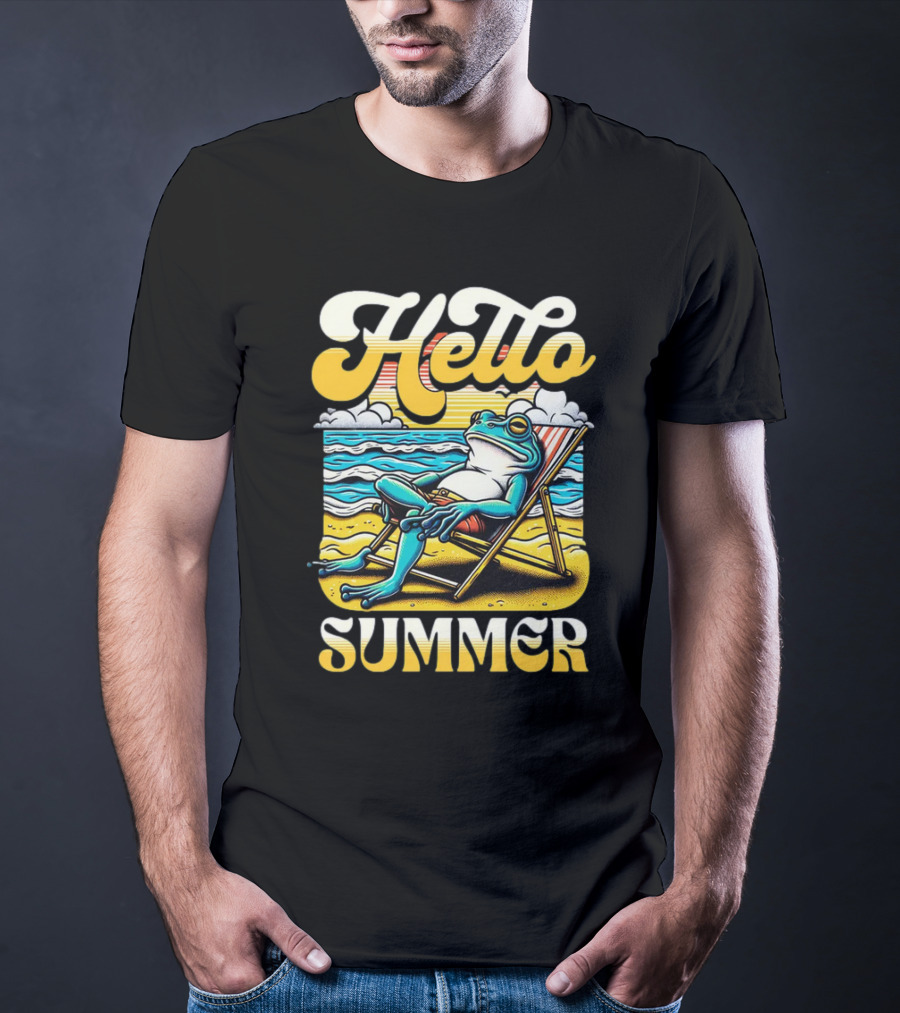 Hello Summer Frog Vintage Beach Scene T-Shirt