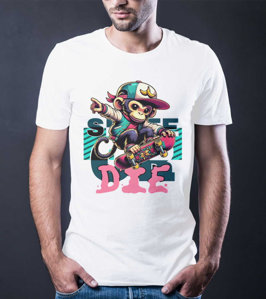 Skate Or Die Monkey On Skateboard With Cap And Jacket T-Shirt