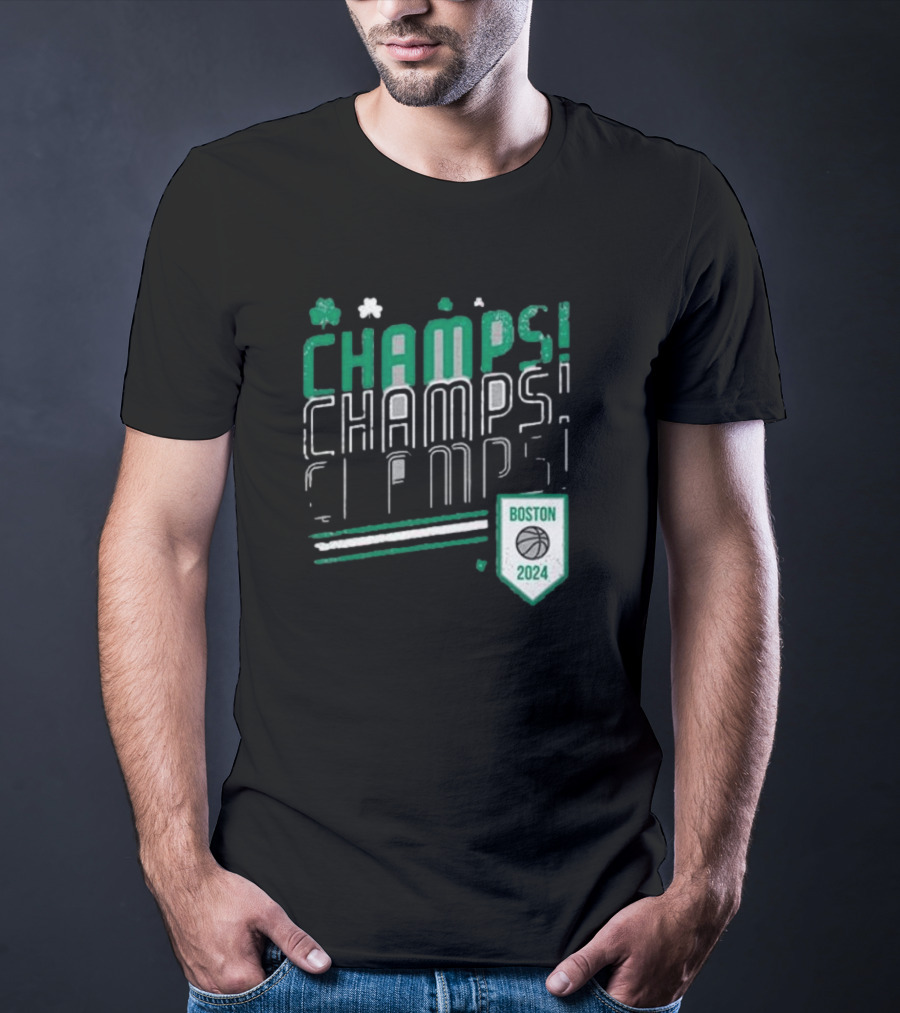 Boston Celtics ’24 Champs Champs Champs Basketball Shield T-Shirt