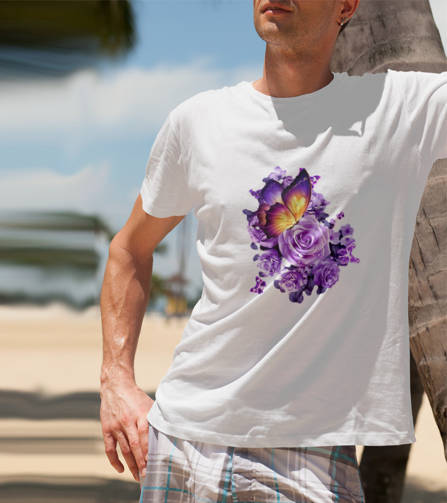 Butterfly Purple Rose Blossoms Floral Arrangement T-Shirt