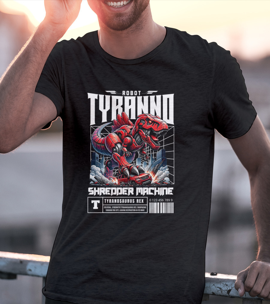 Robot Tyranno Shredder Machine Colossal Cybernetic Tyrannosaurus Rex Rampaging Through The City T-Shirt