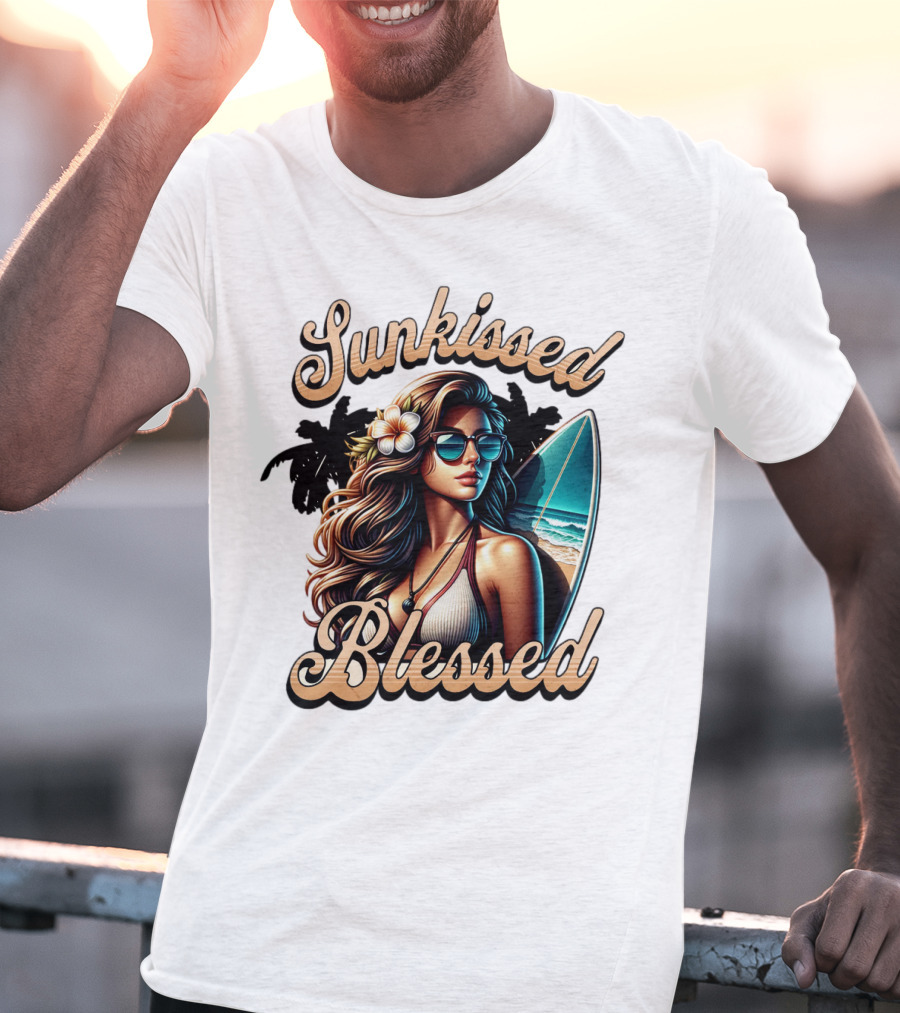Sunkissed Blessed Surfer Girl In Sunglasses With Surfboard And Flower In Hair T-Shirt