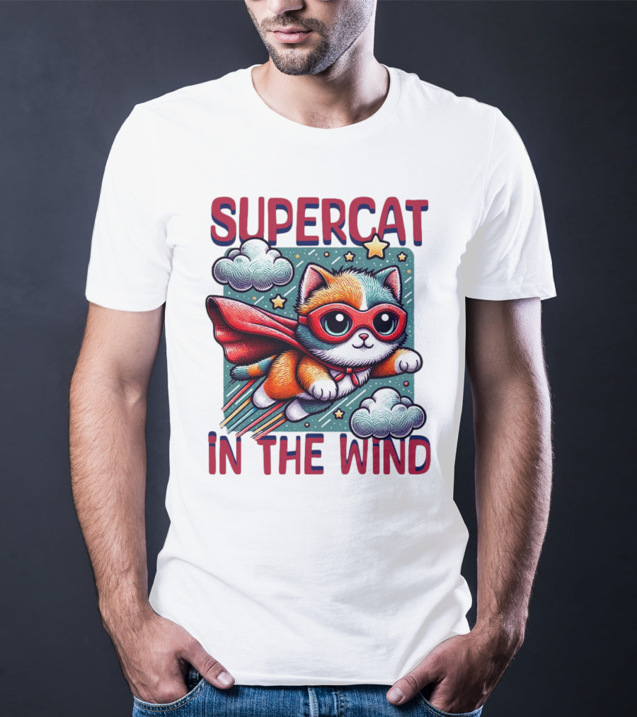 SUPER CAT IN THE WIND STAR ADVENTURE WITH CLOUDS AND CAPE T-Shirt