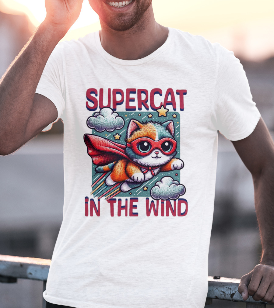 SUPER CAT IN THE WIND STAR ADVENTURE WITH CLOUDS AND CAPE T-Shirt