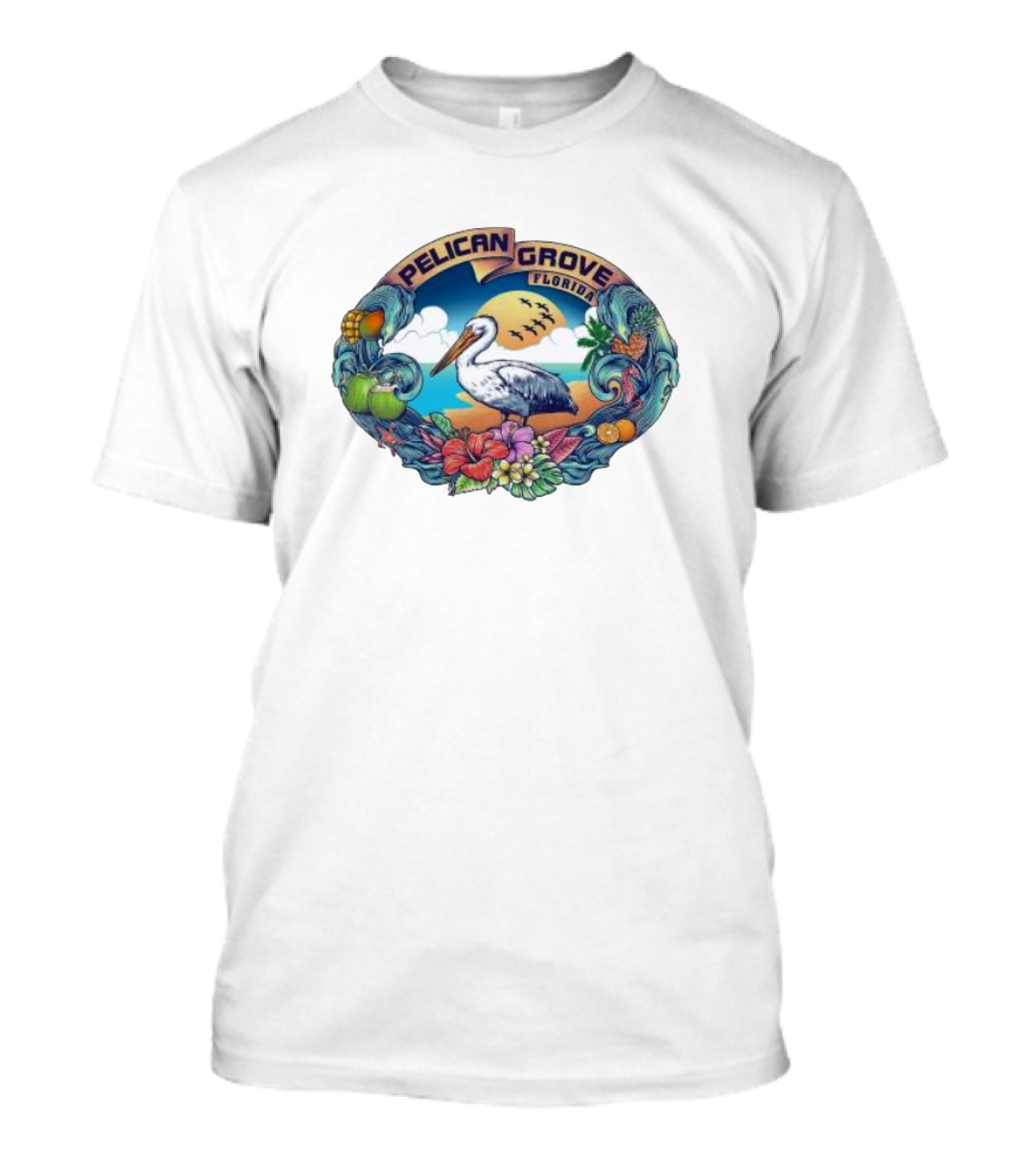 Pelican Grove Florida Tropical Beach Scene With Pelican And Coastal Fruits T-Shirt