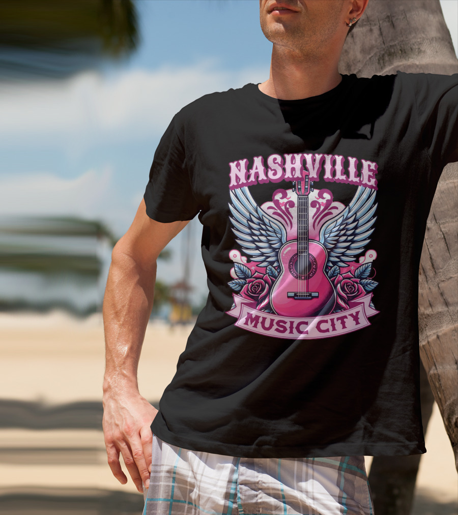 Nashville Music City Pink Guitar Wings Roses T-Shirt