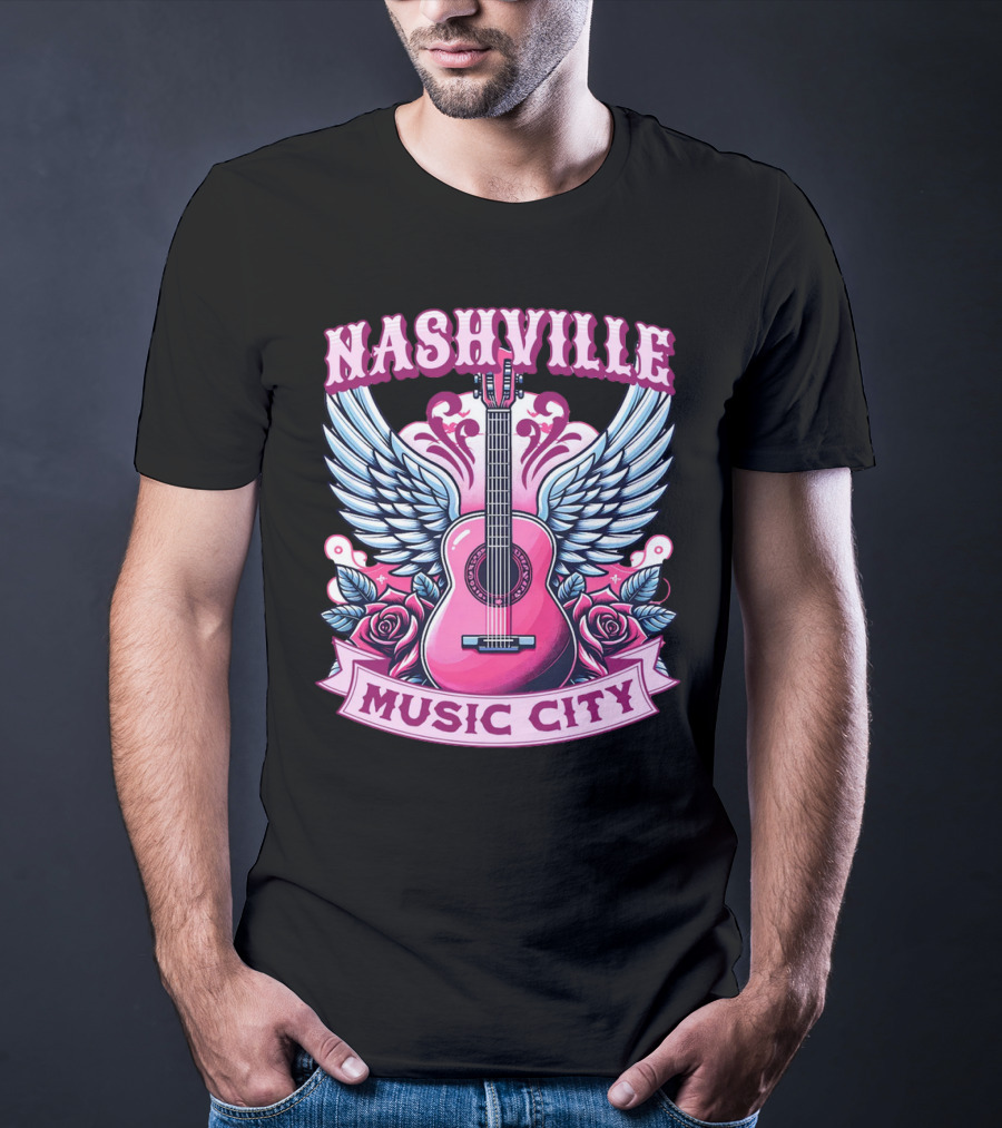 Nashville Music City Pink Guitar Wings Roses T-Shirt