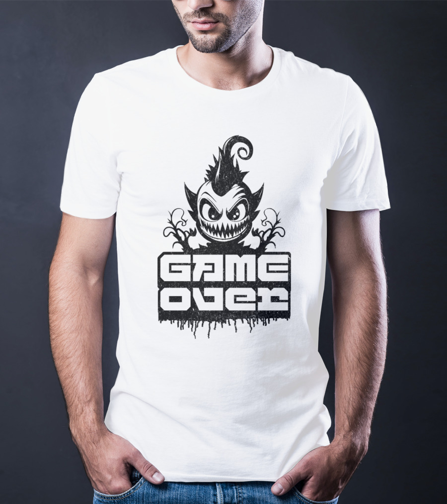 GAME OVER Creepy Monster Icon With Sharp Teeth And Spiky Hair T-Shirt