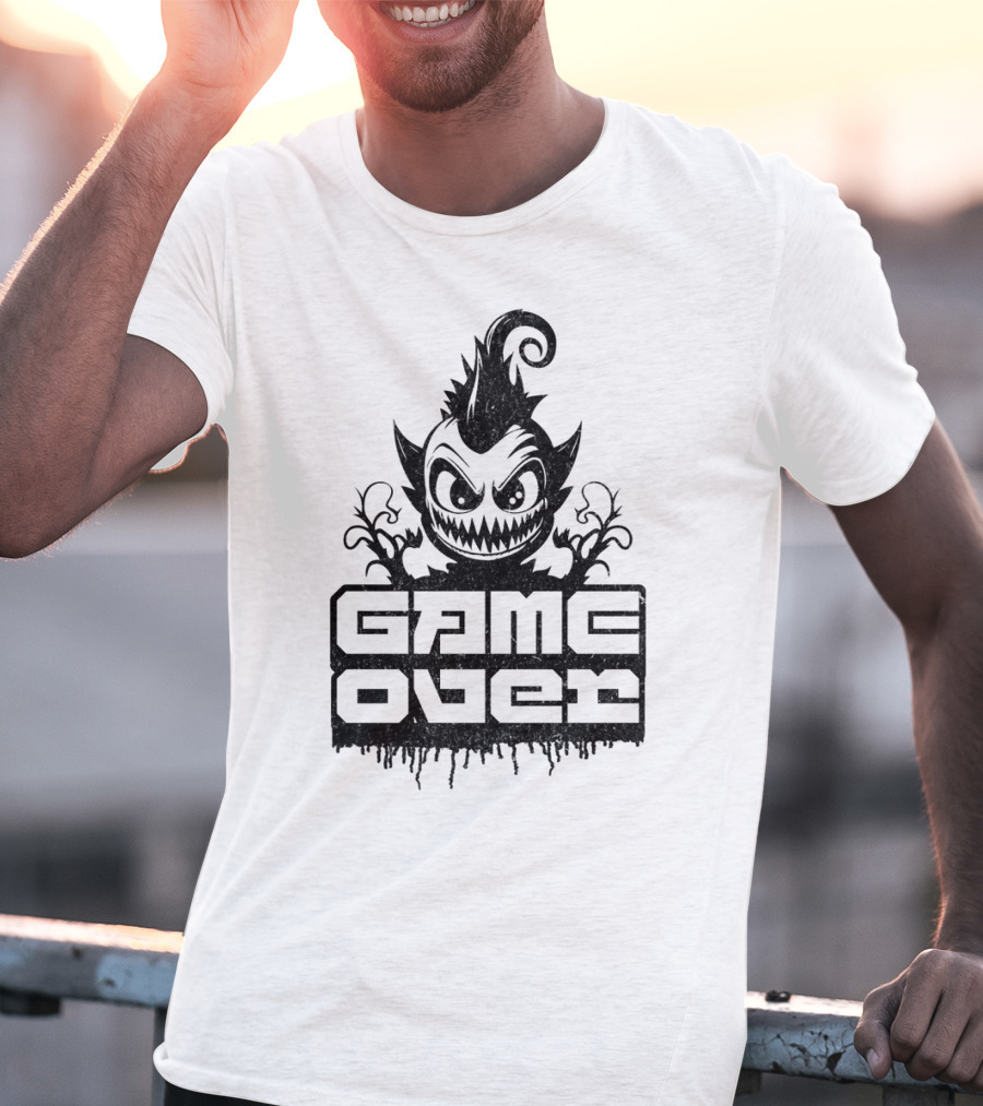 GAME OVER Creepy Monster Icon With Sharp Teeth And Spiky Hair T-Shirt