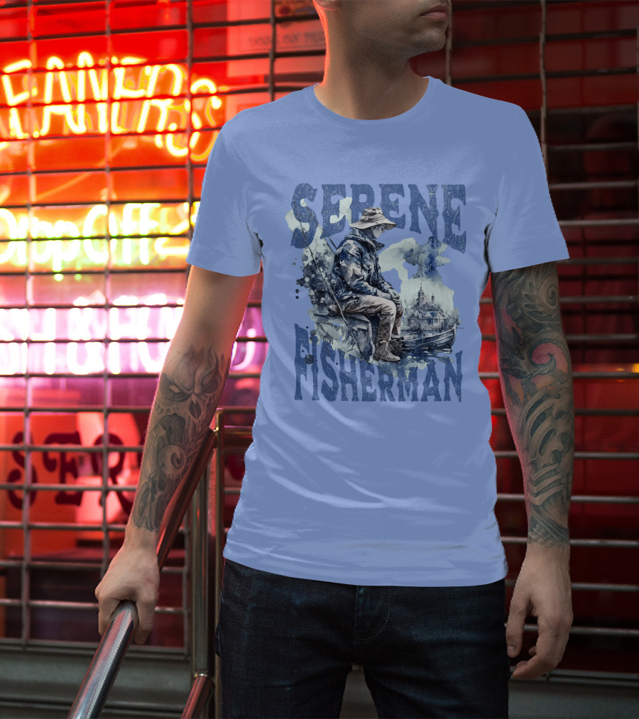 Serene Fisherman In Tranquil Lakeside Town With Boat And Reflection T-Shirt