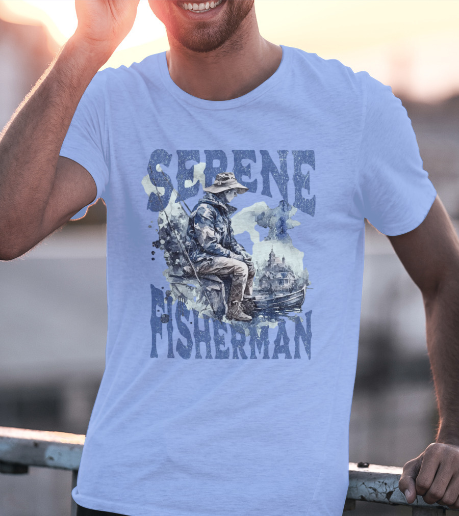 Serene Fisherman In Tranquil Lakeside Town With Boat And Reflection T-Shirt