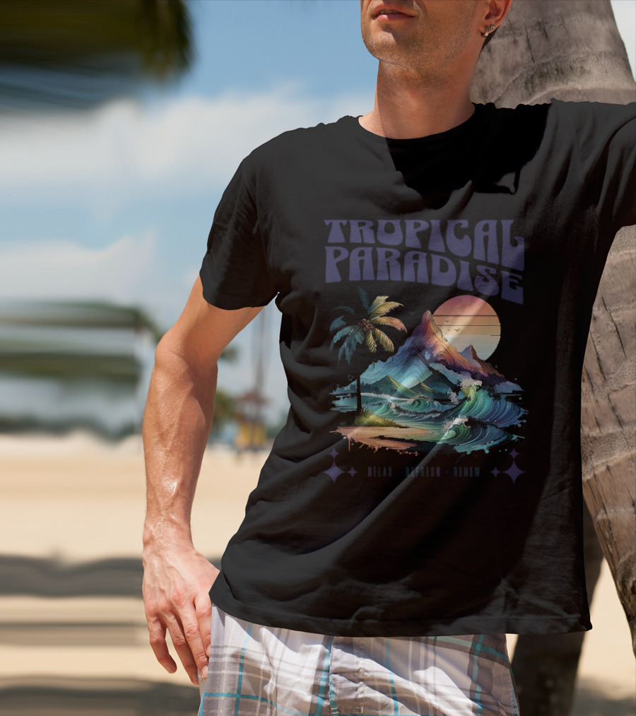 Tropical Paradise Palm Waves Island Horizon Sunset T-Shirt