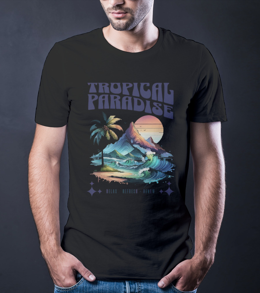Tropical Paradise Palm Waves Island Horizon Sunset T-Shirt