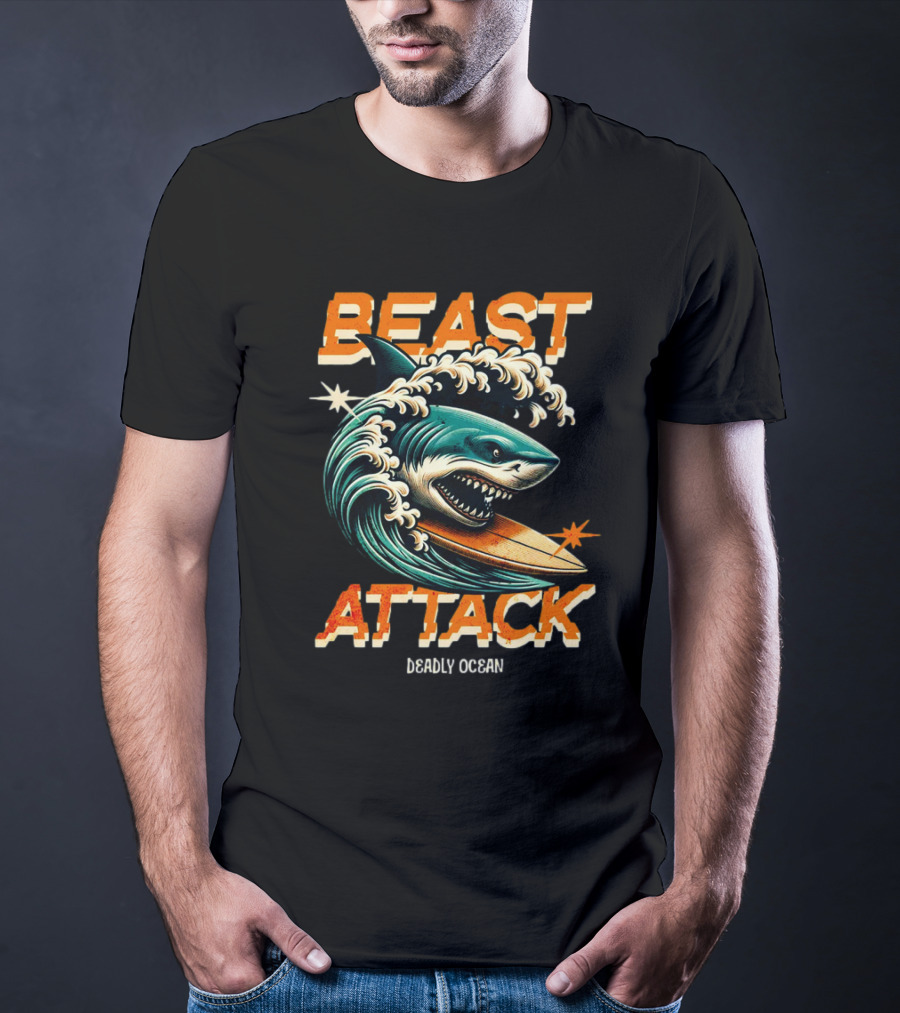 Beast Attack Deadly Ocean Shark Wave Surfboard T-Shirt