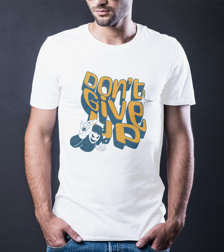 DON'T GIVE UP Retro Cartoon Hand Gesture Text T-Shirt