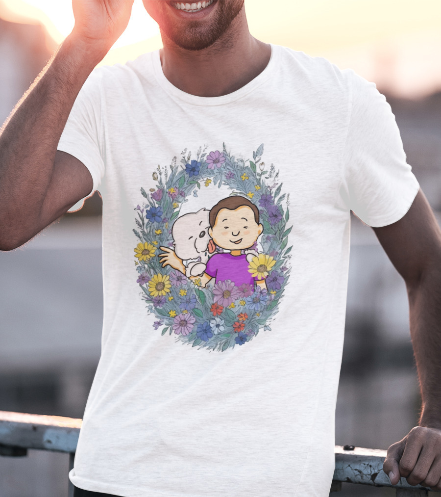 Dog Dad Cartoon Embrace In Floral Frame T-Shirt