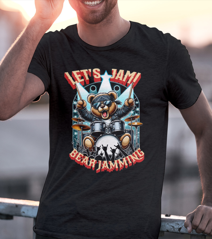 Let's Jam Bear Jamming Rock Drummer Concert Stage Electric Bear T-Shirt