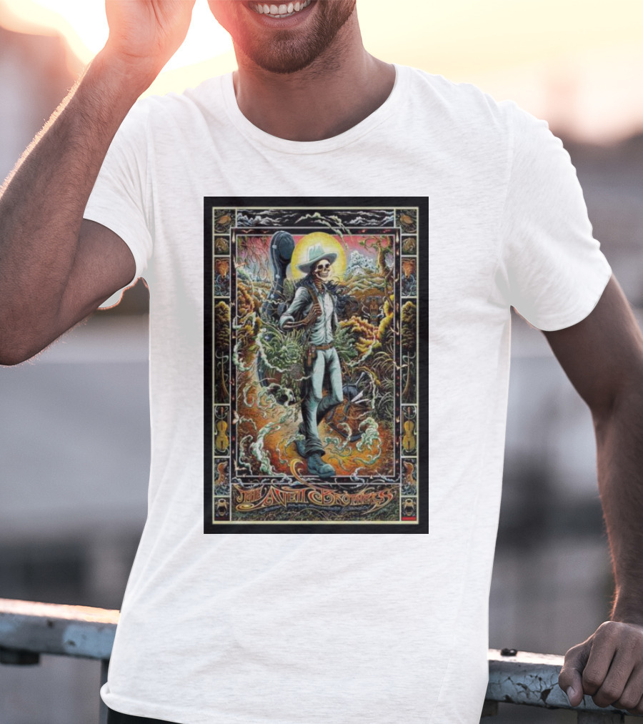 The Avett Brothers Skeleton Cowboy With Guitar And Sunburst Background Stanford T-Shirt