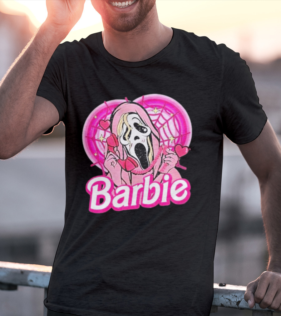 Barbie Horror Doll Ghost Face With Hearts And Pink Spiderwebs T-Shirt