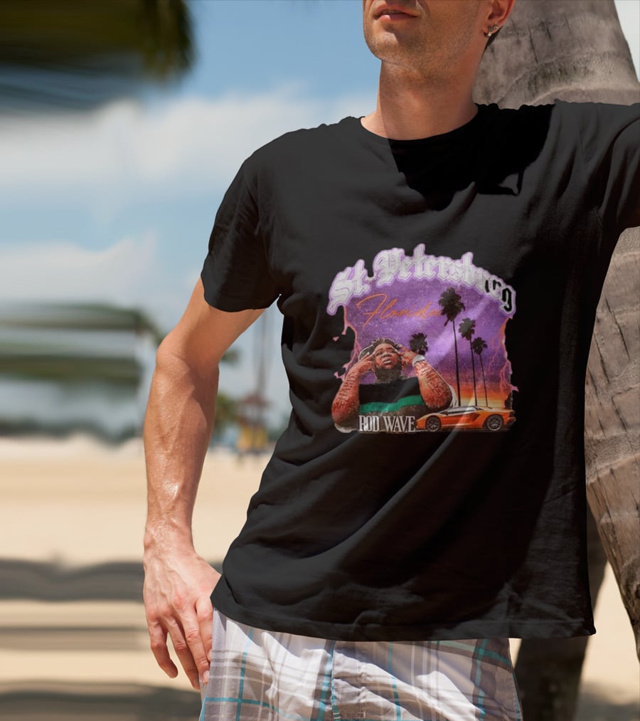 St. Petersburg Florida Rod Wave Purple Sunset Orange Car Palm Trees T-Shirt