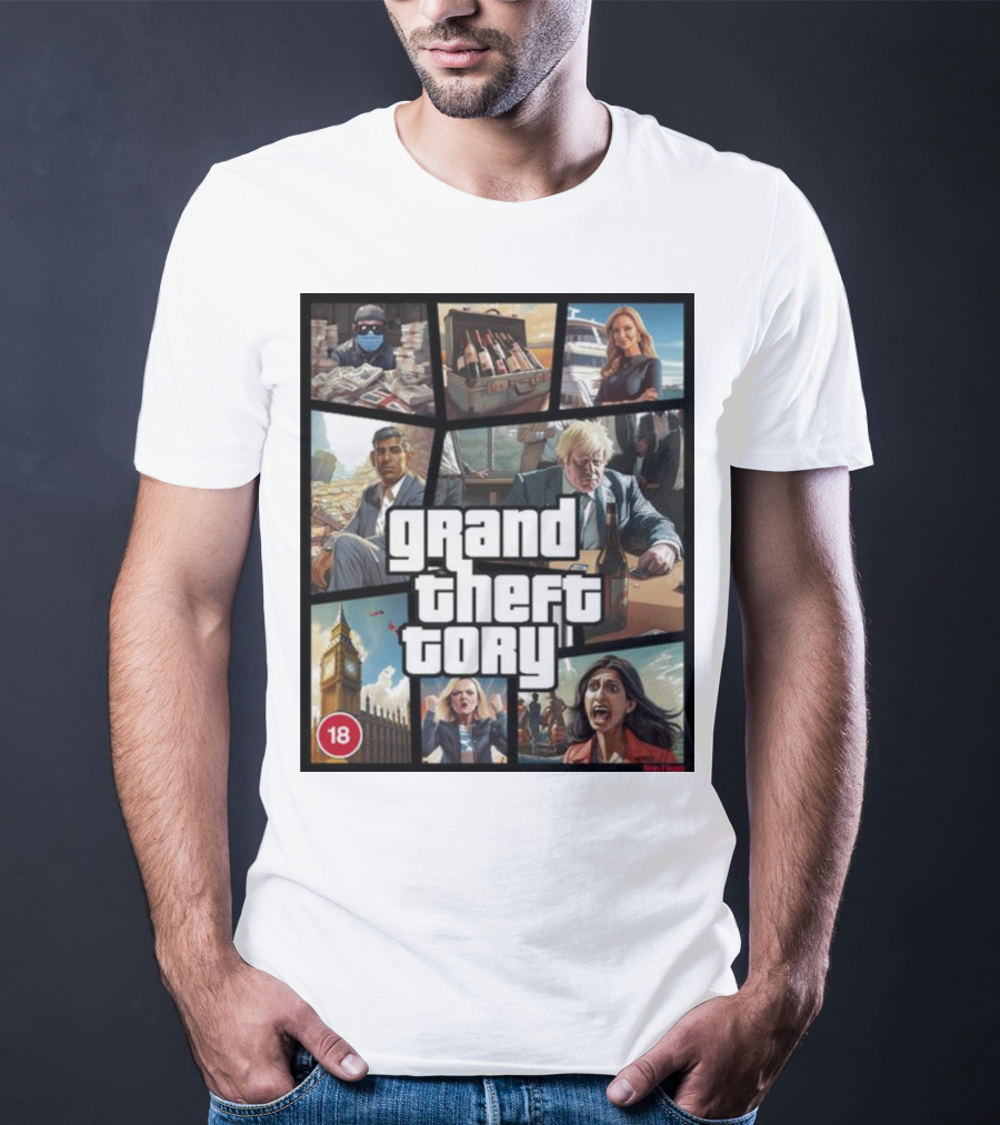Grand Theft Tory GTA Big Ben Crime Drama 18+ Rating T-Shirt