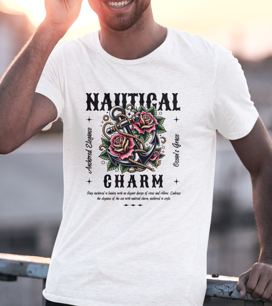 Nautical Charm Anchored Elegance Ocean's Grace Rose Ribbon T-Shirt