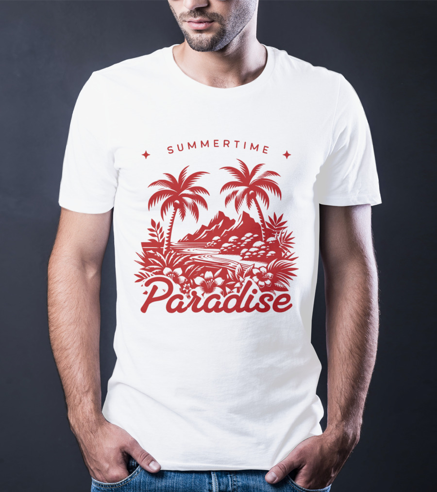 Summertime Paradise Palm Trees And Mountains Landscape T-Shirt